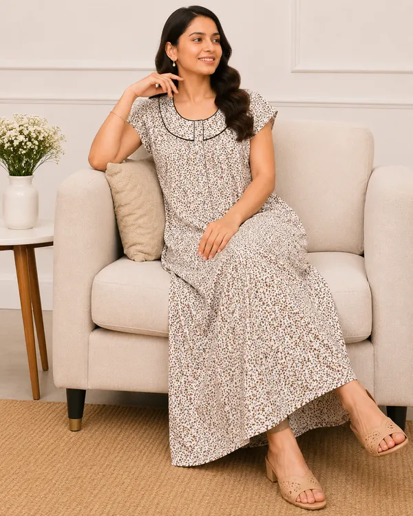 Women's_Beige_Ditsy_Floral_Printed_Cotton_Nighty_-_Round_Yoke_Neck_Nightdress_with_Brown_Piping