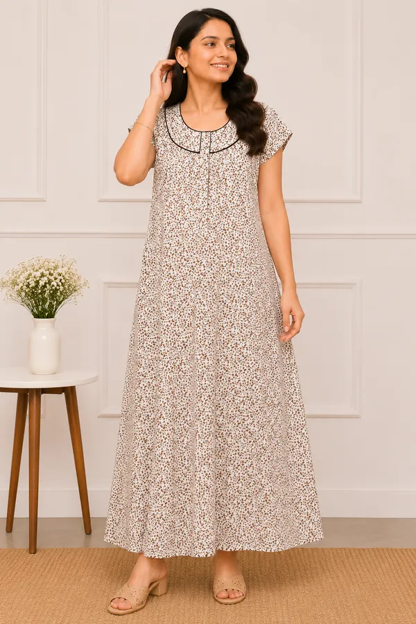 Women's_Beige_Ditsy_Floral_Printed_Cotton_Nighty_-_Round_Yoke_Neck_Nightdress_with_Brown_Piping