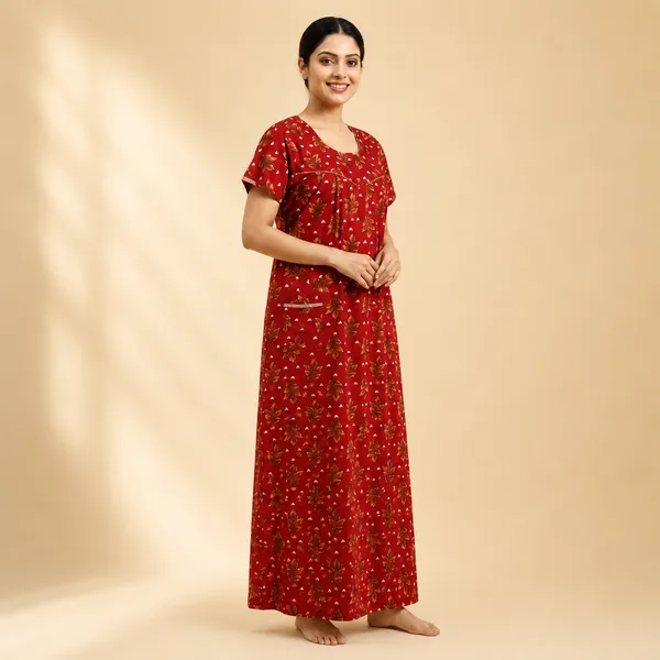 Red_Cotton_Floral_Print_Nighty_For_Women