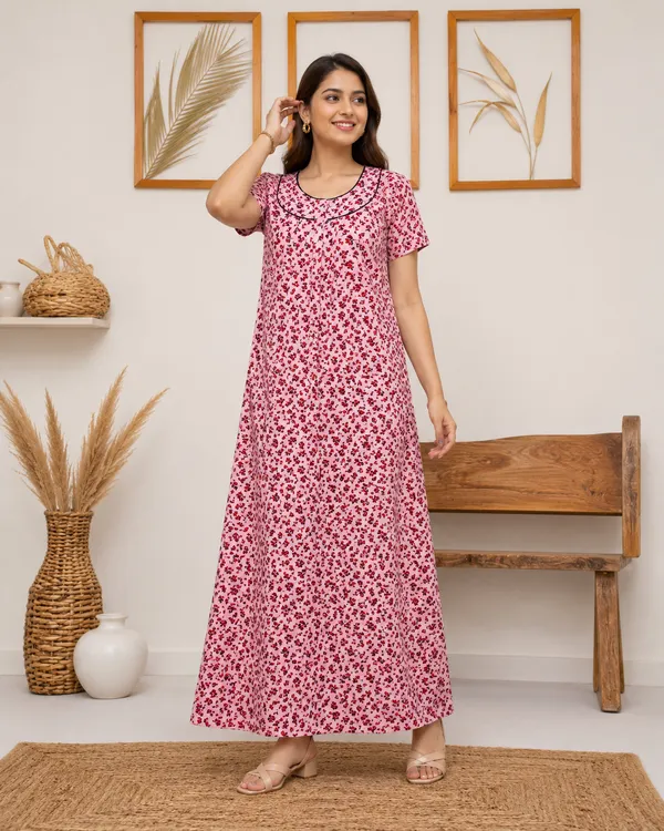 Women's_Baby_Pink_Ditsy_Floral_Printed_Cotton_Nighty_-_Elegant_Round_Yoke_Neck_Nightdress_with_Black_Piping