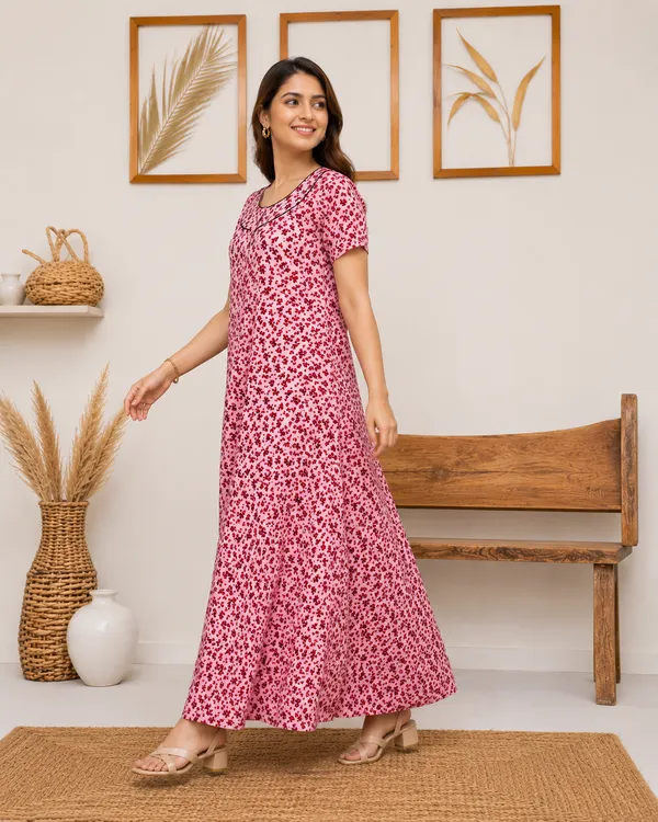 Women's_Baby_Pink_Ditsy_Floral_Printed_Cotton_Nighty_-_Elegant_Round_Yoke_Neck_Nightdress_with_Black_Piping