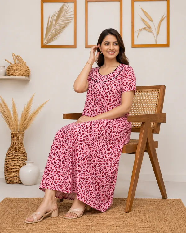Women's_Baby_Pink_Ditsy_Floral_Printed_Cotton_Nighty_-_Elegant_Round_Yoke_Neck_Nightdress_with_Black_Piping