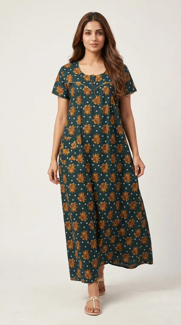 Dark_Green_Cotton_Slim_Fit_Floral_Print_Nighty_For_Women
