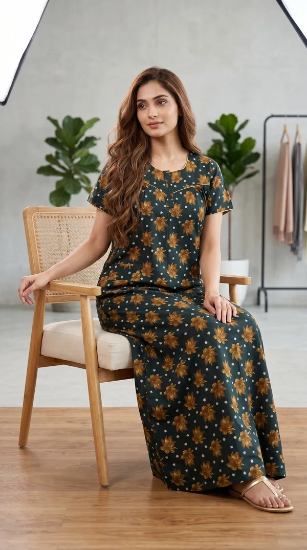 Dark_Green_Cotton_Slim_Fit_Floral_Print_Nighty_For_Women