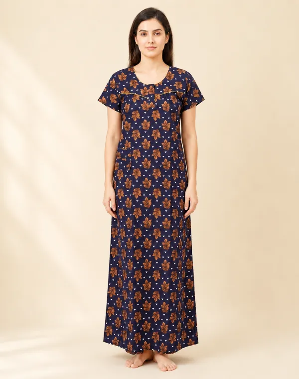 Navy_Blue_Cotton_Short_Sleeve_Floral_Print_Nighty_For_Women