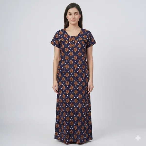 Navy_Blue_Cotton_Short_Sleeve_Floral_Print_Nighty_For_Women