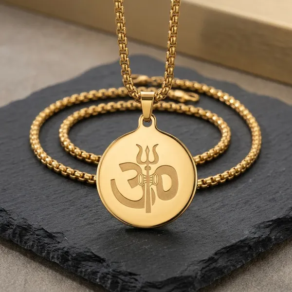 Gold_Steel_Om_Trishul_Round_Pendant_Necklace_For_Men