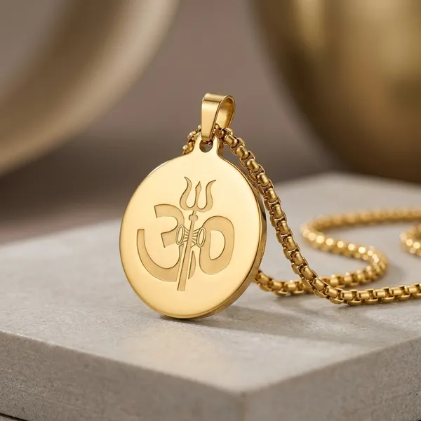 Gold_Steel_Om_Trishul_Round_Pendant_Necklace_For_Men