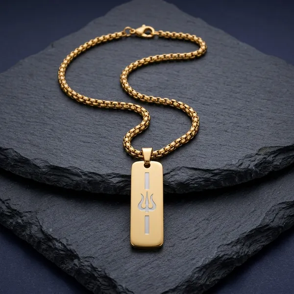 Gold_Steel_Trishul_Engraved_Rectangular_Pendant_Chain_For_Men