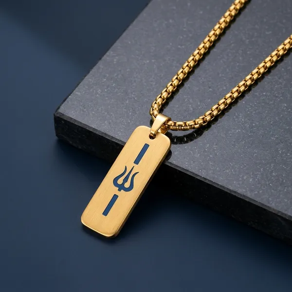 Gold_Steel_Trishul_Engraved_Rectangular_Pendant_Chain_For_Men