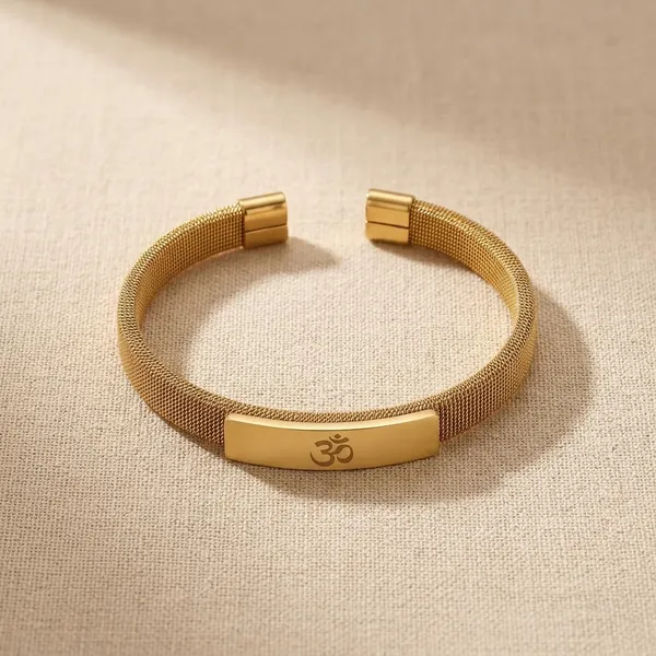 Gold_Steel_Mesh_Om_Symbol_Adjustable_Cuff_Bracelet_For_Men