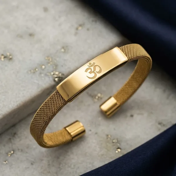 Gold_Steel_Mesh_Om_Symbol_Adjustable_Cuff_Bracelet_For_Men
