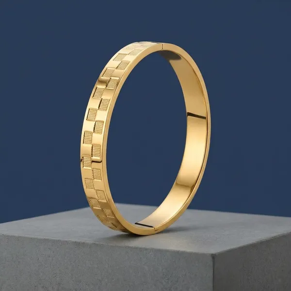 Gold_Steel_Checkered_Pattern_Kada_Bracelet_For_Men