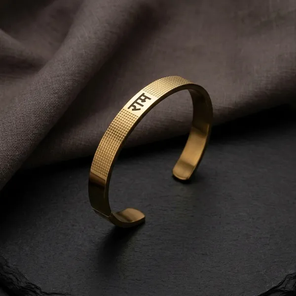 Gold_Steel_Flat_Cuff_Ram_Etched_Kada_Bracelet_For_Men
