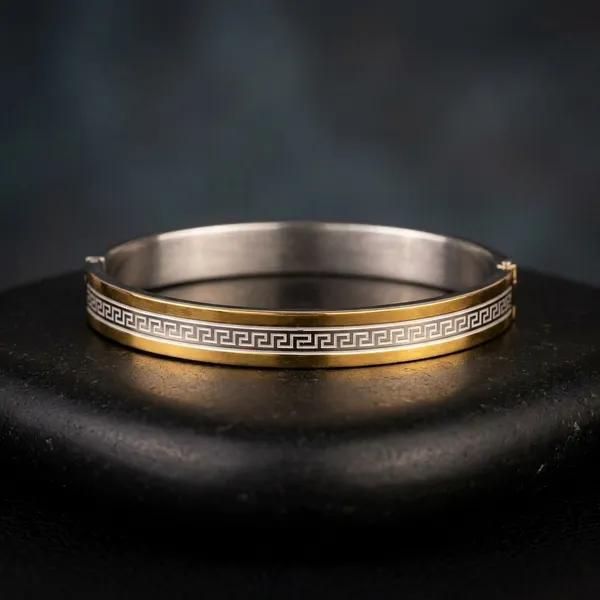 Gold_Silver_Steel_Greek_Key_Pattern_Hinged_Kada_For_Men