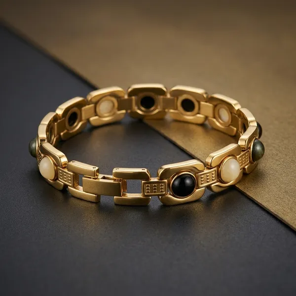 Gold_Stainless_Steel_Multi_Stone_Inset_Link_Chain_Bracelet_For_Men