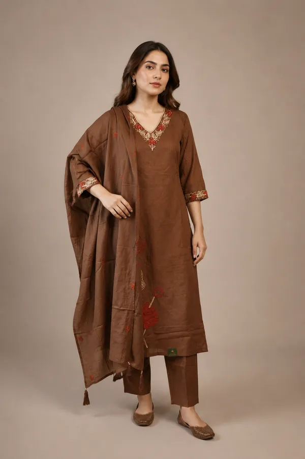 Chocolate_Brown_Cotton_Suit_With_Dupatta_For_Women