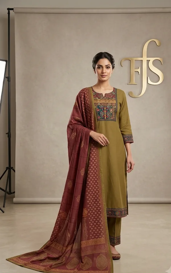 Mehandi_Green_Cotton_Suit_With_Painted_Dupatta_For_Women