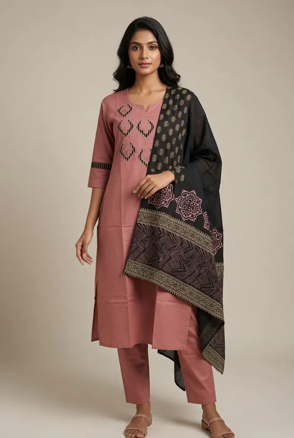 Solid_Pitch_Cotton_Suit_With_Hand_Painted_Dupatta_For_Women