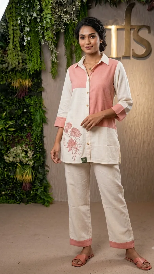 Cream_And_Peach_Cotton_Khadi_Coord_Set_For_Women