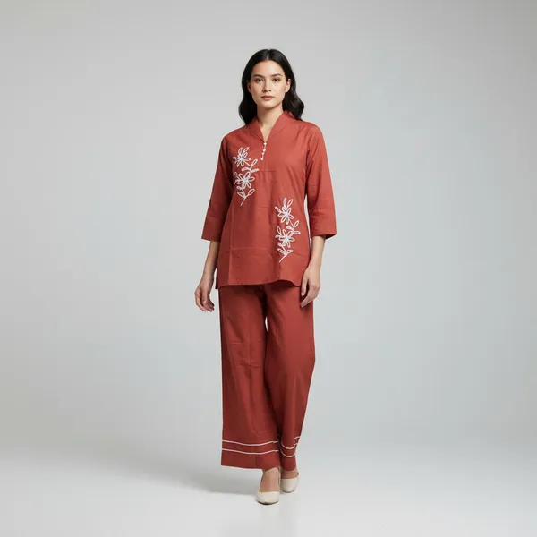Red_Cotton_Thread_Work_Coord_Set_For_Women