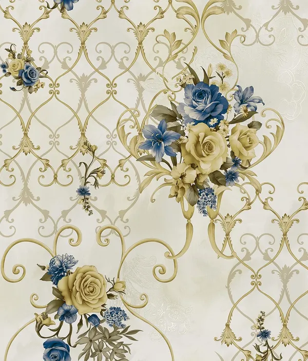 Imported_Paper_Gold_Blue_Cream_Floral_Trellis_Pattern_Wallpaper
