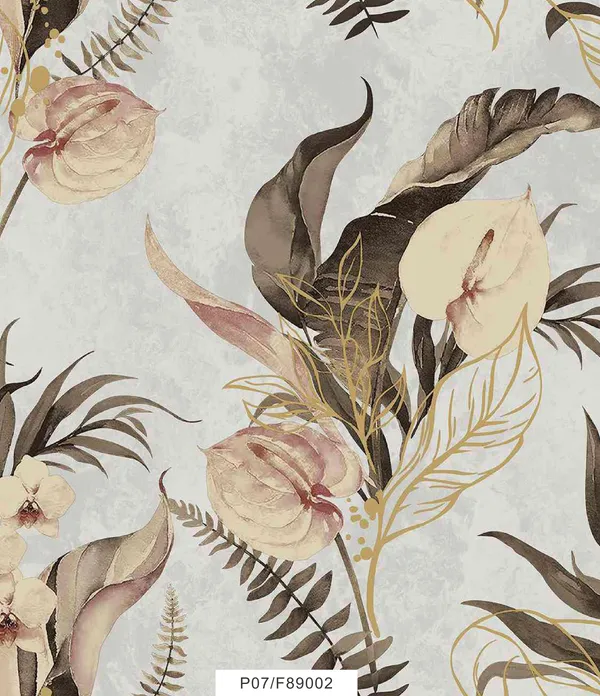Imported_Paper_Grey_Tropical_Botanical_Floral_Print_Wallpaper