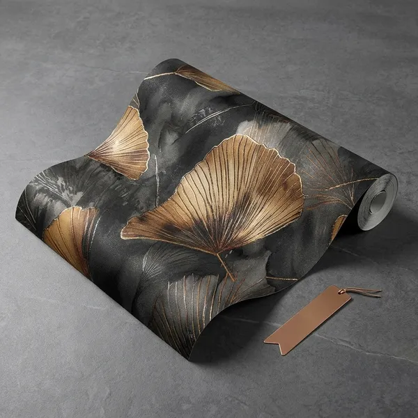 Imported_Paper_Botanical_Ginkgo_Leaf_Print_Gold_Black_Wallpaper