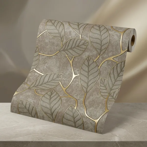 Imported_Paper_Botanical_Beige_Gold_Raised_Leaf_Texture_Wallpaper