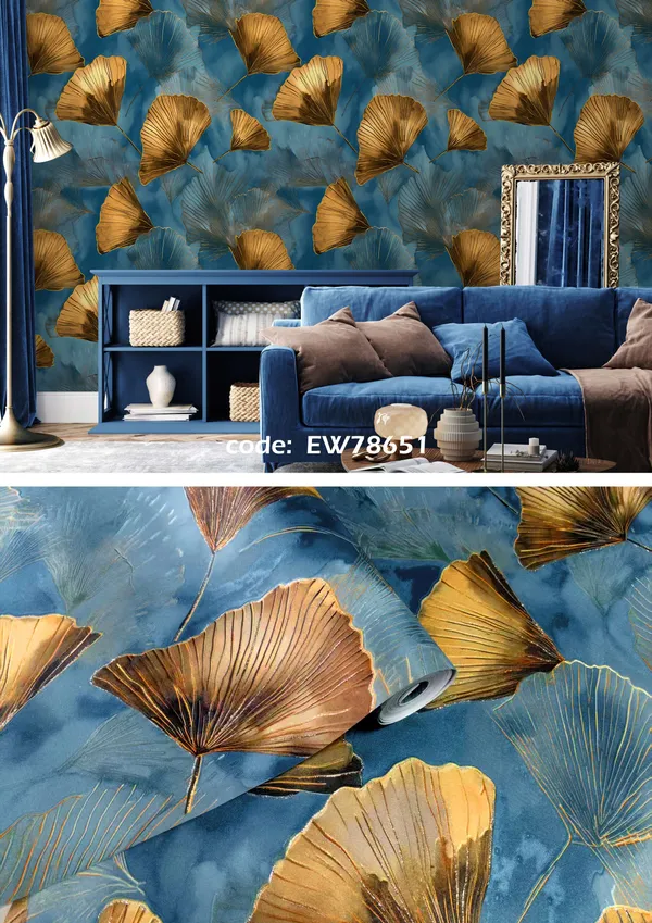 Imported_Paper_Blue_Watercolor_Golden_Ginkgo_Leaf_Wallpaper