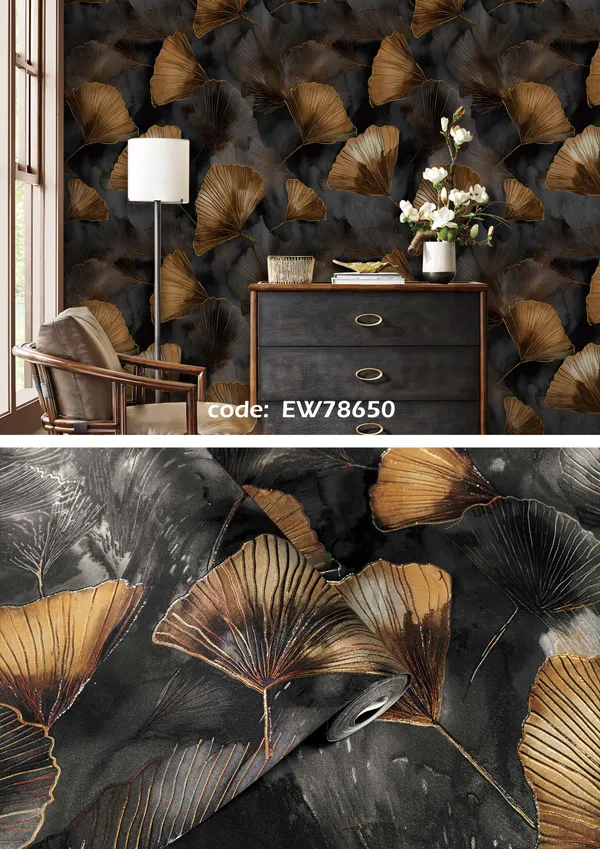Imported_Paper_Botanical_Ginkgo_Leaf_Print_Gold_Black_Wallpaper