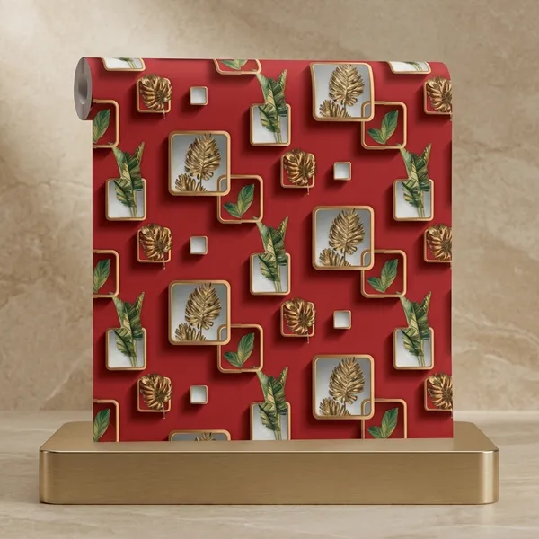 Red_3d_Gold_Framed_Botanical_Leaf_Wall_Decor_Wallpaper