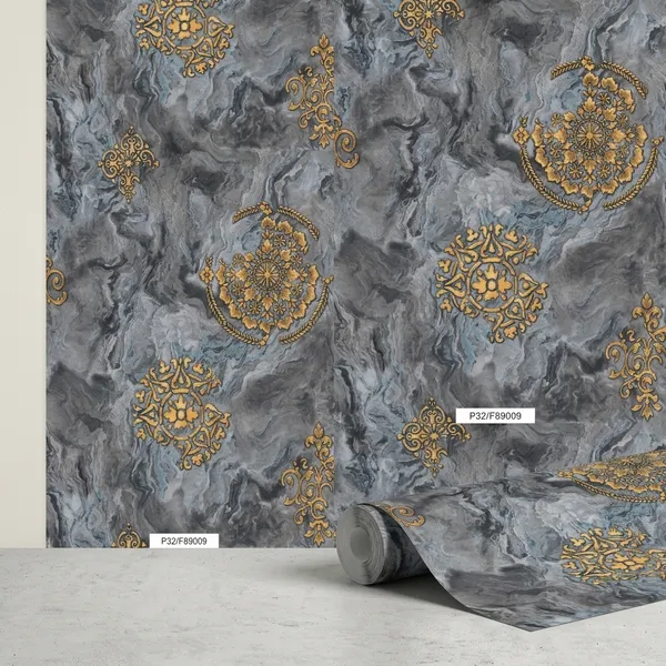 Grey_Marble_Gold_Ornate_Medallion_Decorative_Wallpaper