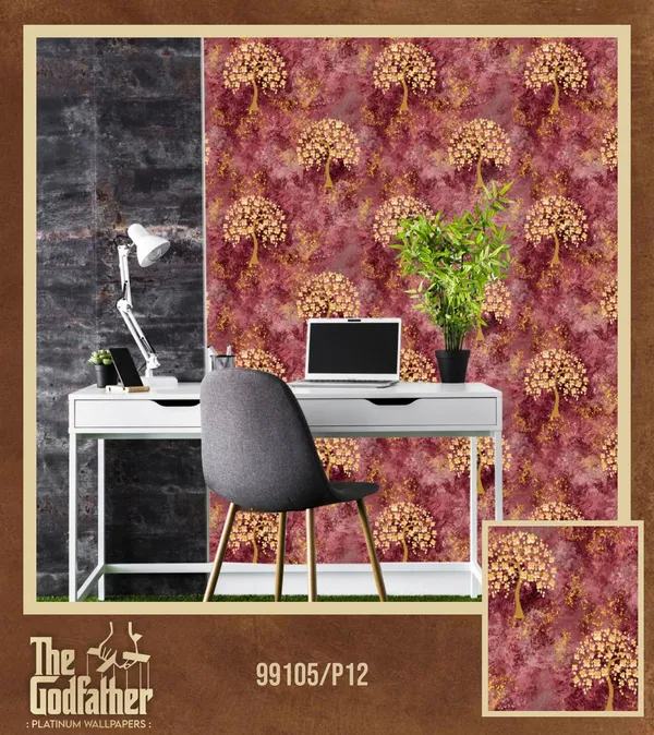 Imported_Paper_Classic_Gold_Tree_Pattern_Burgundy_Wallpaper