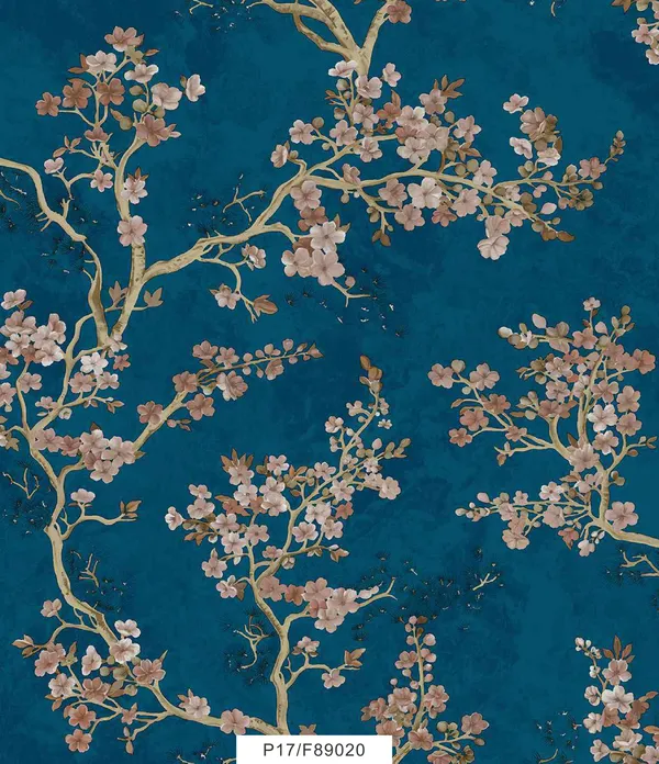 Imported_Paper_Blue_Cherry_Blossom_Floral_Branch_Wallpaper