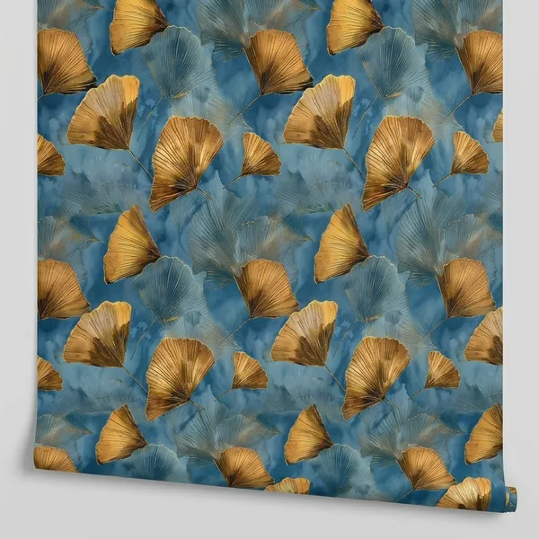 Imported_Paper_Blue_Watercolor_Golden_Ginkgo_Leaf_Wallpaper