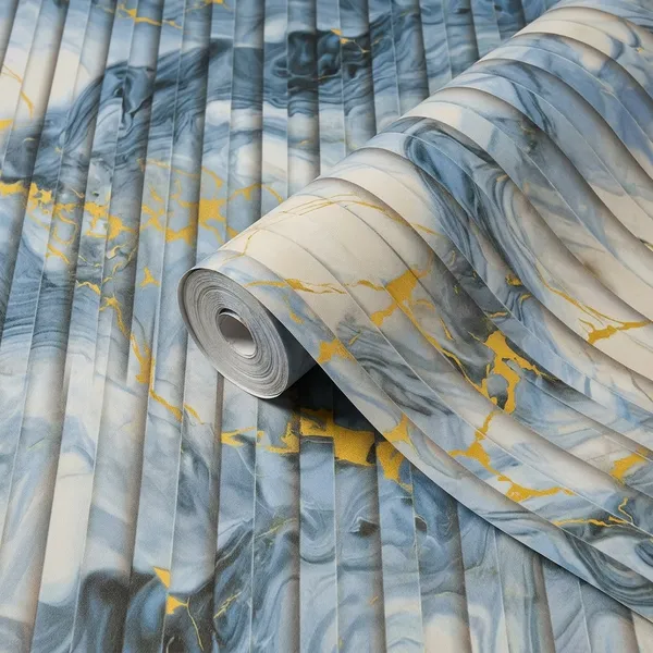 Imported_Paper_Abstract_Watercolor_Blue_Gold_Pleated_Wallpaper