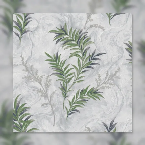 Imported_Paper_Contemporary_Grey_Marble_Palm_Leaf_Wallpaper