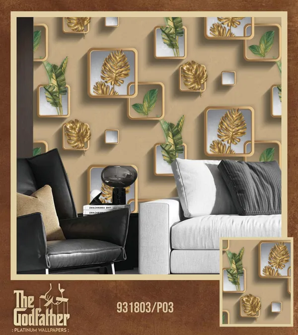 Beige_Botanical_3d_Gold_Framed_Leaf_Framed_Wall_Art_Wallpaper