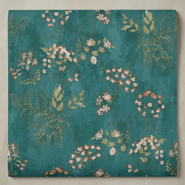 Imported_Paper_Botanical_Floral_Print_Teal_Wallpaper