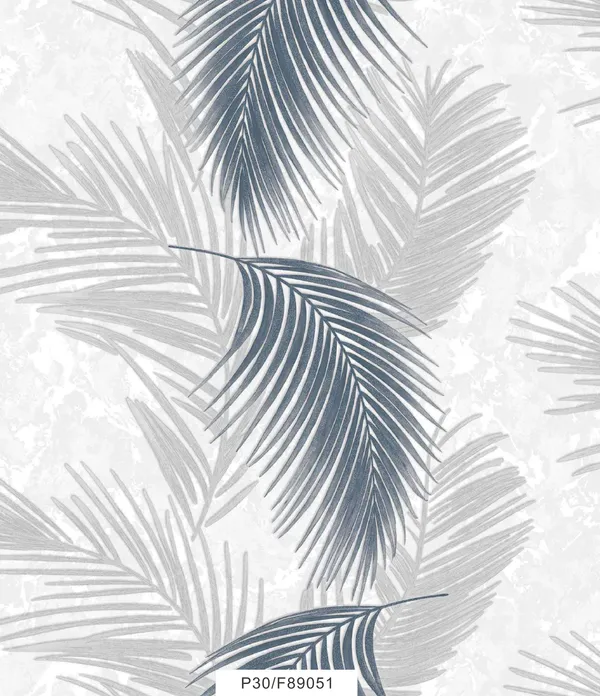 Imported_Paper_Grey_Blue_Palm_Leaf_Print_Wallpaper