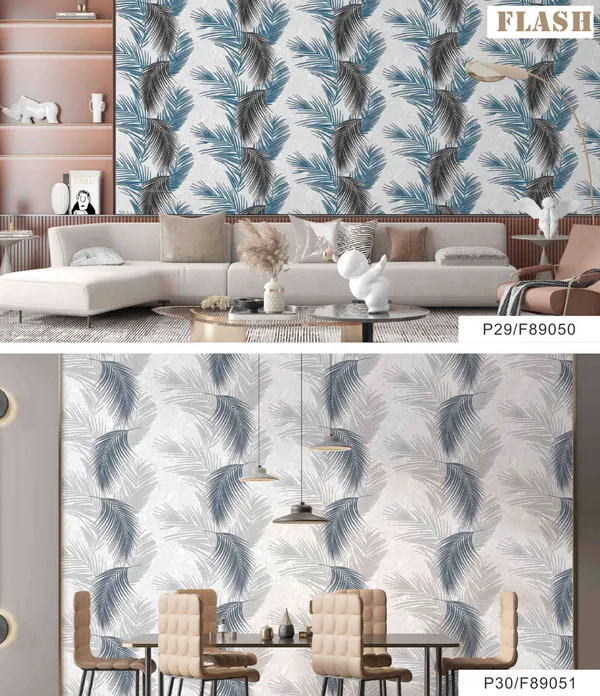 Imported_Paper_Tropical_Palm_Leaf_Pattern_Blue_Beige_Wallpaper