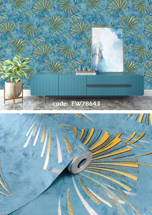 Vinyl_Tropical_Palm_Leaf_Watercolor_Blue_Gold_Wallpaper
