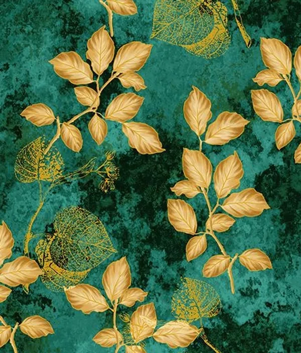 Teal_And_Gold_Botanical_Leaf_Digital_Print_Fabric