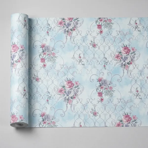 Imported_Paper_Romantic_Pink_Blue_Floral_Trellis_Wallpaper