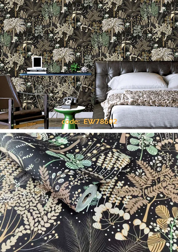 Imported_Paper_Dark_Charcoal_Botanical_Floral_Print_Wallpaper