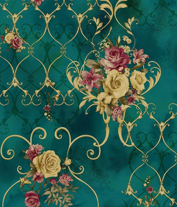 Emerald_Green_Gold_Floral_Trellis_Wallpaper_And_Beige_Geometric_Panel