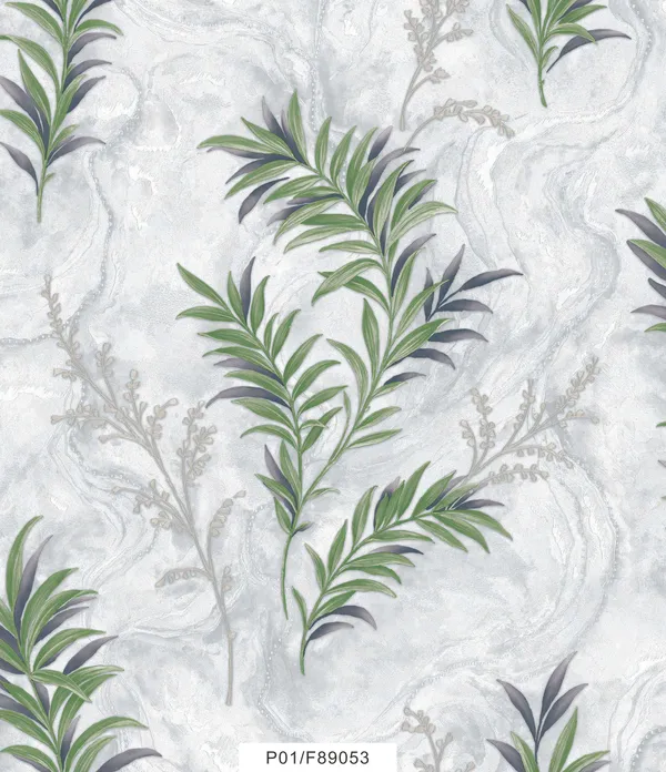 Imported_Paper_Contemporary_Grey_Marble_Palm_Leaf_Wallpaper