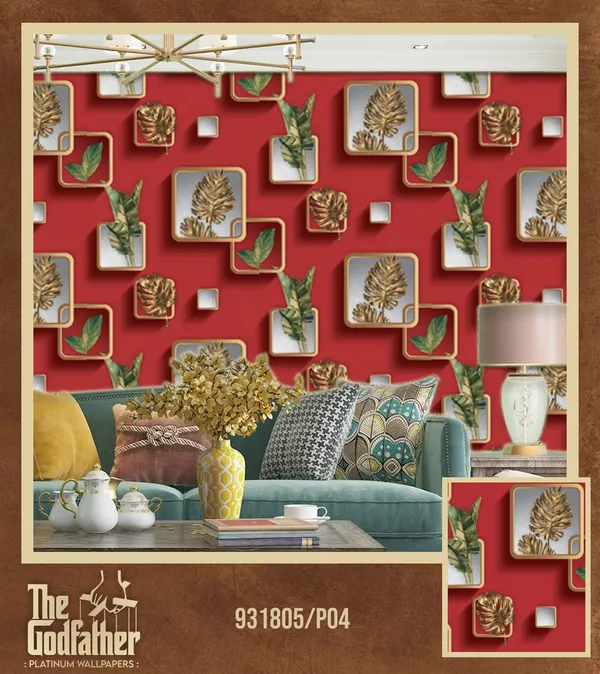 Red_3d_Gold_Framed_Botanical_Leaf_Wall_Decor_Wallpaper