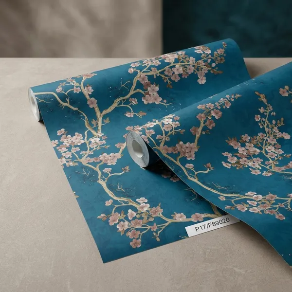 Imported_Paper_Blue_Cherry_Blossom_Floral_Branch_Wallpaper